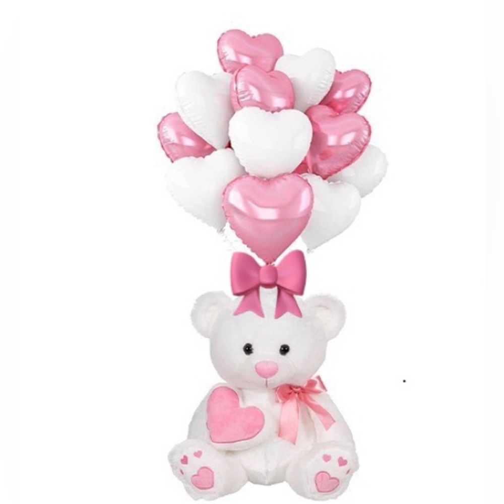 White and Pink Plush Teddy With 3 Pink and 3 White Balloons for All Occasions